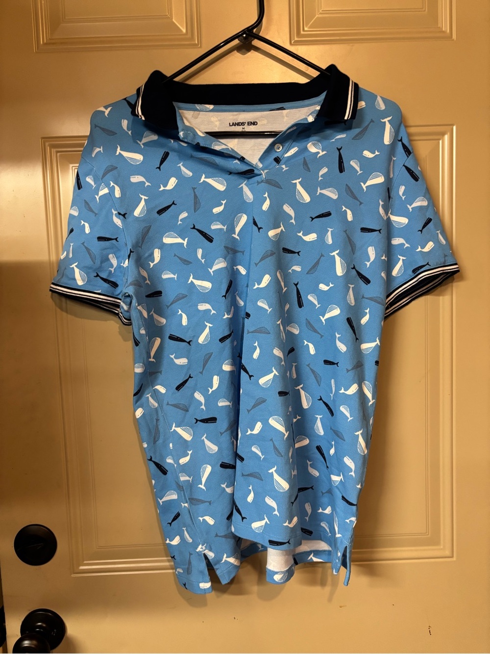 Lands' End Light Blue Whale-Print Polo with Navy Trim b211